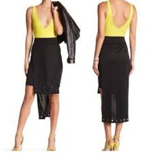 TOV High Low Asymmetrical Black Edgy Rock Skirt With Train & Silver Grommets 40